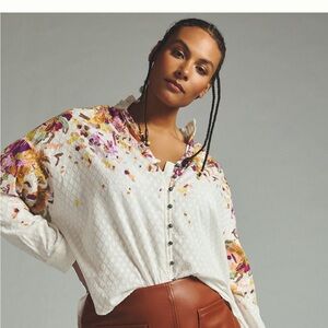 Anthropologie White Floral Button-Up Blouse